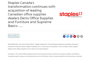 Staples Canada Announces Acquisition of Two Canadian Office Supply Dealers